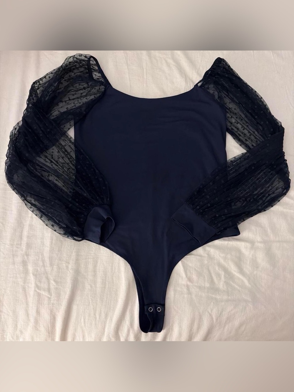 Navy Blue Square Neck Mesh Long Sleeve Bodysuit Large